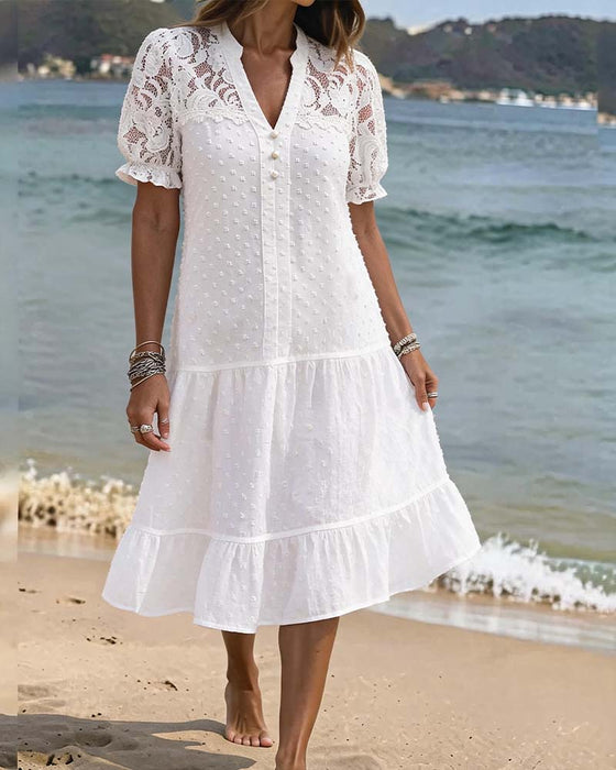 Kleid Puffärmel Spitze Resort