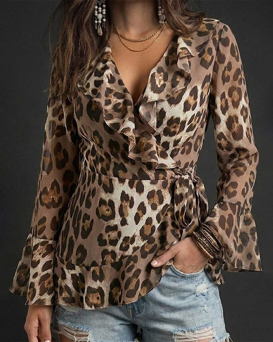 Bluse V-Ausschnitt Rüsche Leopard