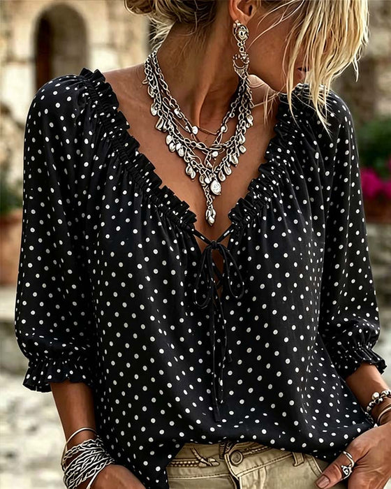 Bluse V-Ausschnitt Rüsche Polka Dot Bindung