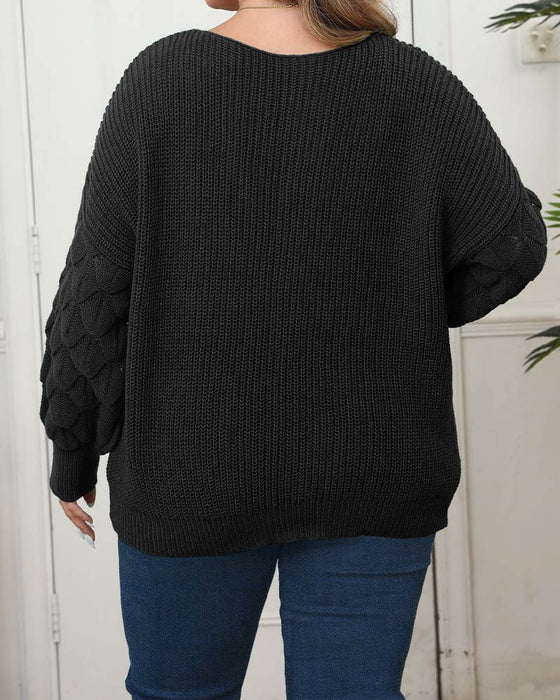 Pullover Puffärmel V-Ausschnitt Gestrickt