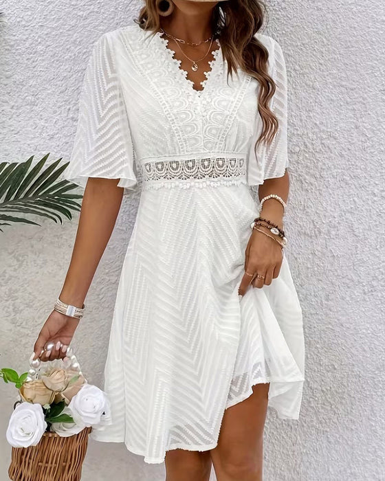 Kleid V-Ausschnitt Spitze Patchwork Ausschnitt
