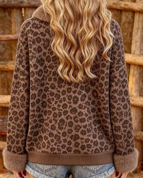 Sweatshirt Revers Geknöpft Leopardenmuster Langarm