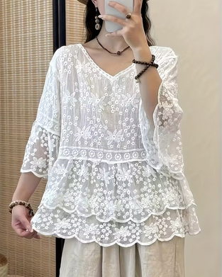 Bluse Kurzarm Spitze Besatz