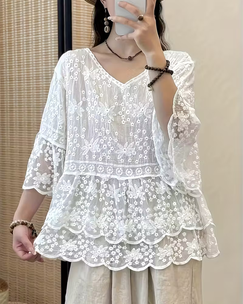 Bluse Kurzarm Spitze Besatz