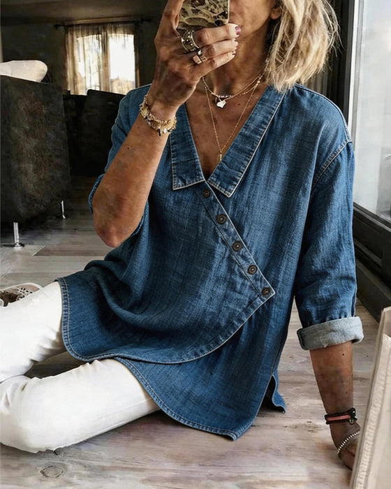 Bluse Einfarbig Diagonaler Knopf Revers Langarm