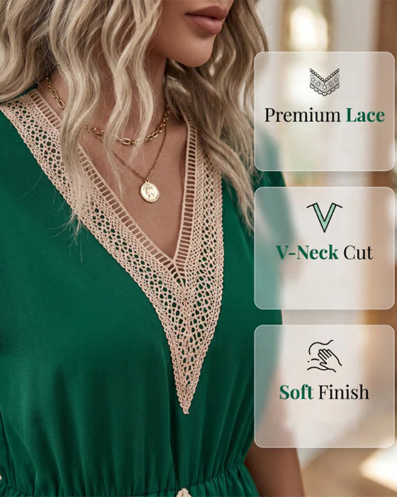 Kleid Frühling-Herbst V-Ausschnitt Spitzenbesatz Figurbetonte Taille