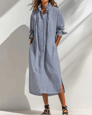 Kleid Lässig Stehkragen Gestreift Schlitz