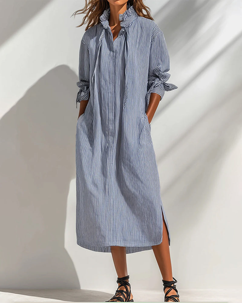 Kleid Lässig Stehkragen Gestreift Schlitz