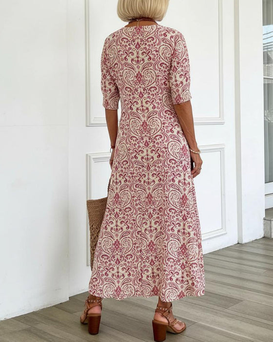 Kleid Vintage Blumenmuster V-Ausschnitt Maxi