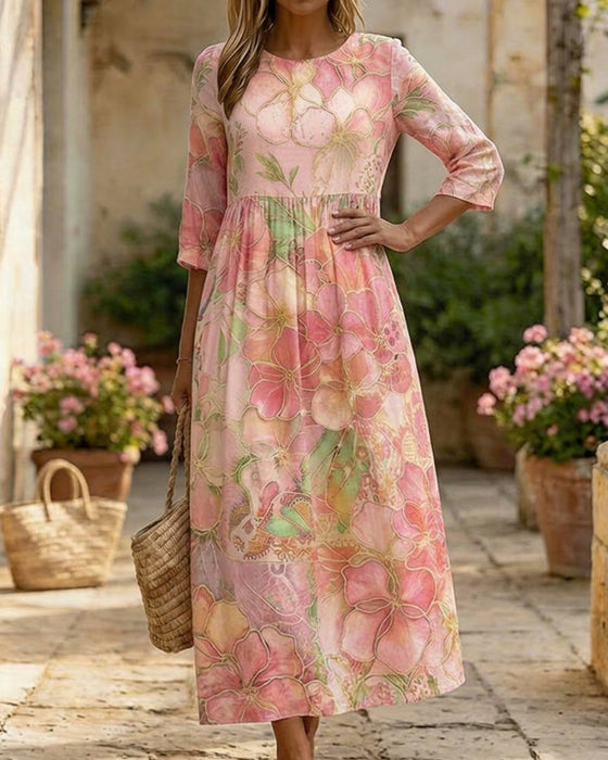 Kleid Aquarell Blumig Dreiviertel Ärmel Voll Rock Maxi