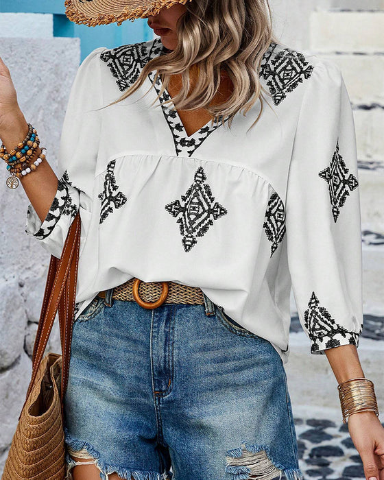Bluse mit V-Ausschnitt Diamantmuster Dreiviertelärmel