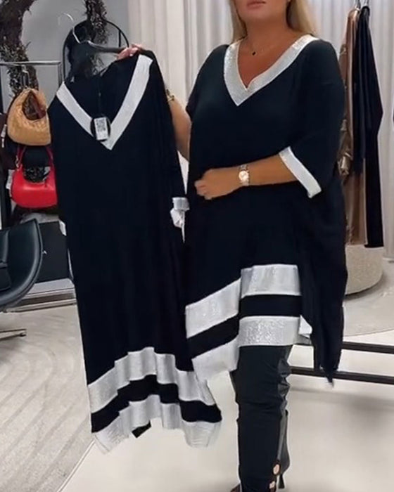 Kleid V-Ausschnitt Kurzarm Farbblock Loose Fit