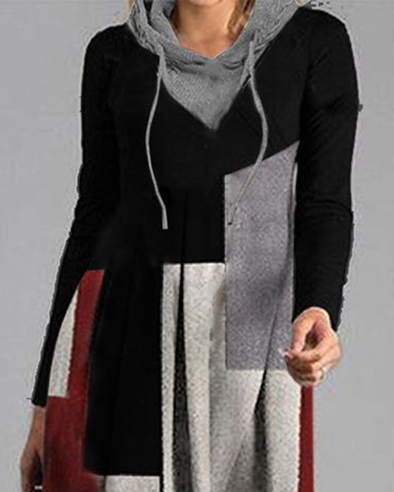 Kleid Farbblock Mit Kapuze Langarm
