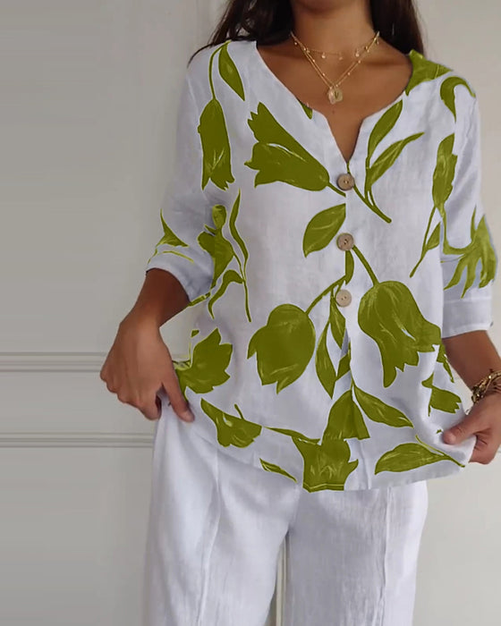 Button-Down-Oberteil aus Baumwolle und Leinen mit Blumendruck