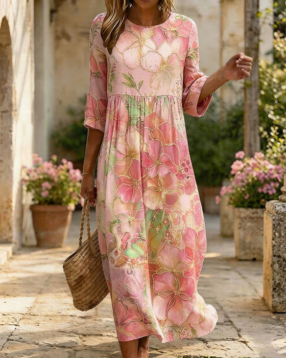 Kleid Aquarell Blumig Dreiviertel Ärmel Voll Rock Maxi