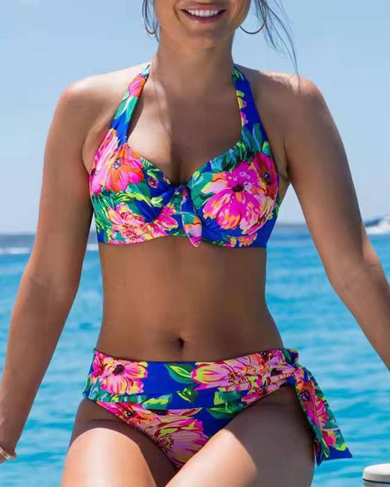 Neckholder-Bikinis mit hoher Taille und Blumendruck