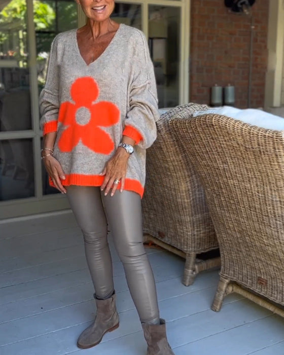 Pullover mit V-Ausschnitt und Blumenmuster