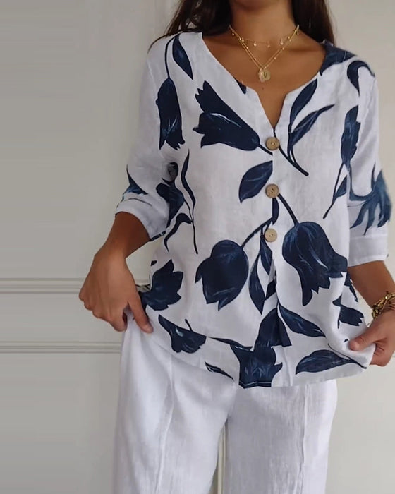 Button-Down-Oberteil aus Baumwolle und Leinen mit Blumendruck
