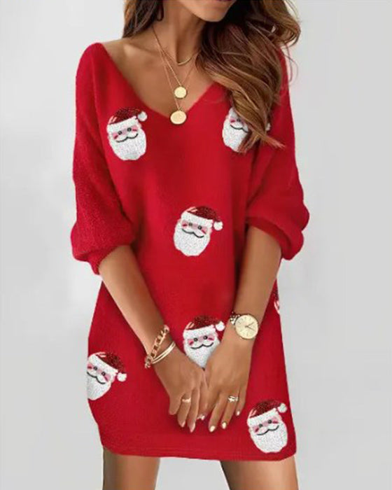 Kleid mit Weihnachtsmannmuster und V-Ausschnitt