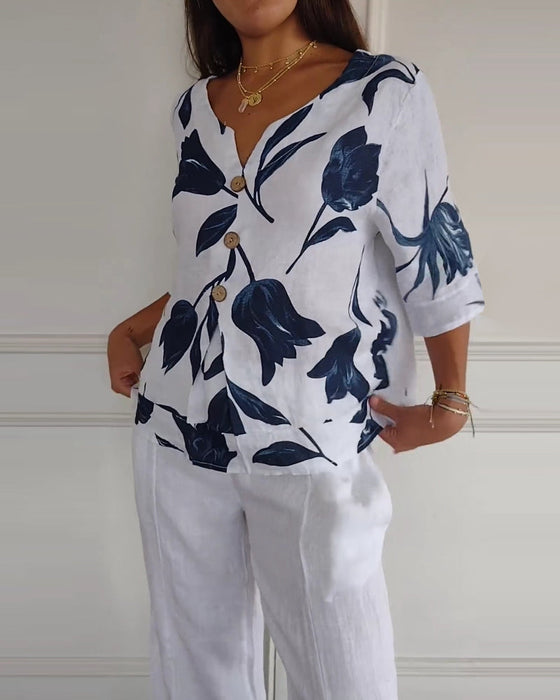 Button-Down-Oberteil aus Baumwolle und Leinen mit Blumendruck