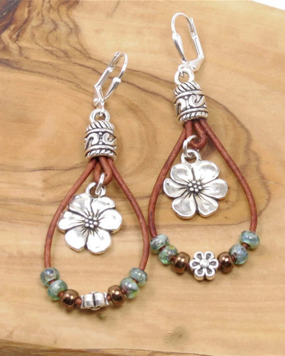 Boho Leder Seil Blumen Einfache Ohrringe