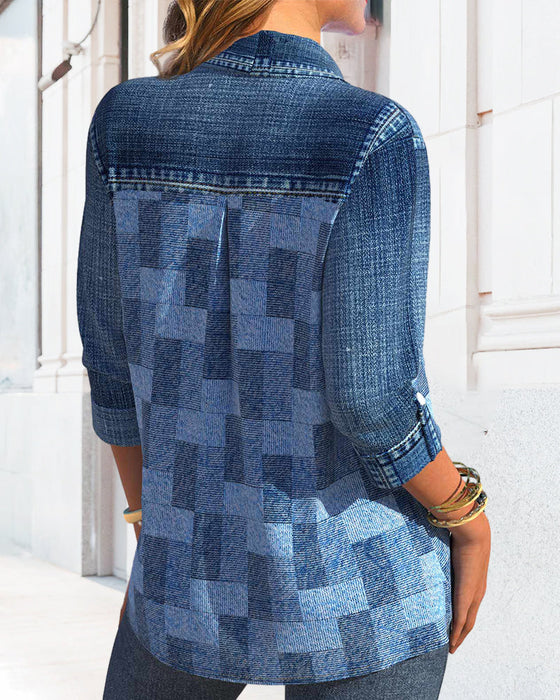 Langarmbluse mit Denim-Effekt-Print