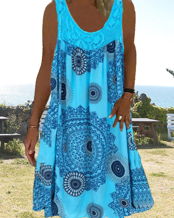 Damen Sommerkleid mit O-Ausschnitt und ärmellosem Aufdruck
