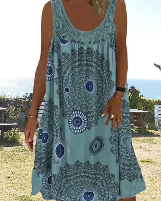 Damen Sommerkleid mit O-Ausschnitt und ärmellosem Aufdruck