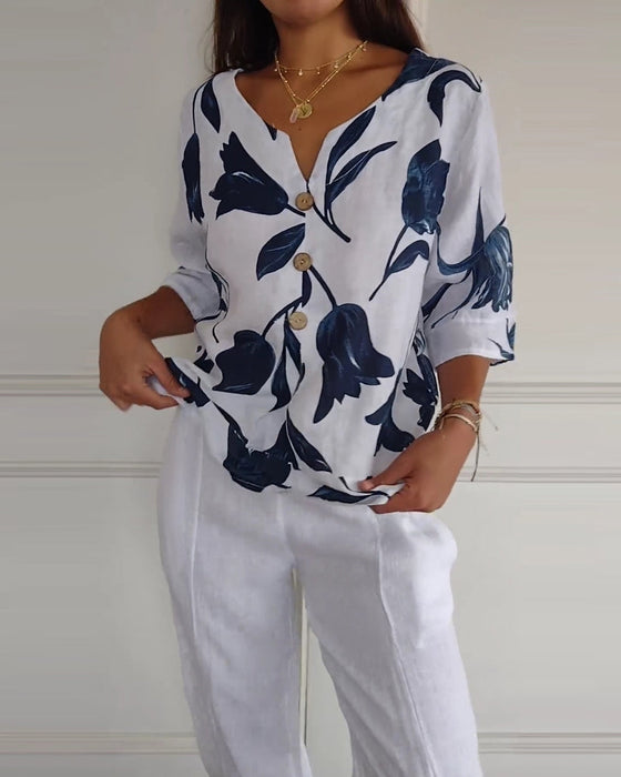 Button-Down-Oberteil aus Baumwolle und Leinen mit Blumendruck