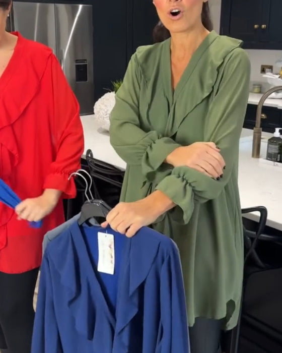 Einfarbige Bluse mit Lotusblatt-V-Ausschnitt