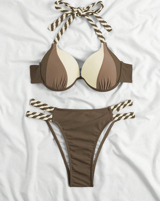 Colorblock-Neckholder-Bikini-Set