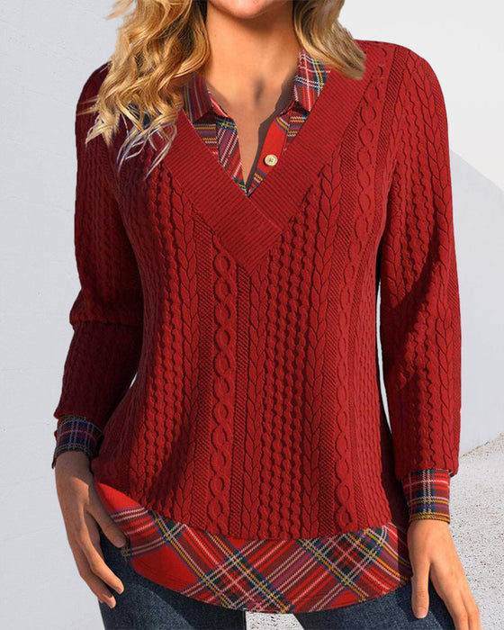 Kariertes Patchwork-Sweatshirt mit Revers
