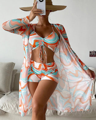 Dreiteiliger bedruckter Bikini-Badeanzug