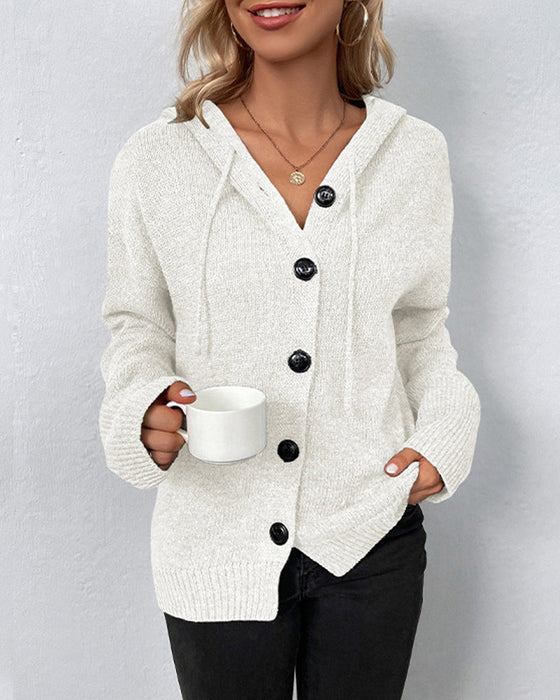 Einfarbige Strickjacke mit Kapuze und Schnürsenkeln
