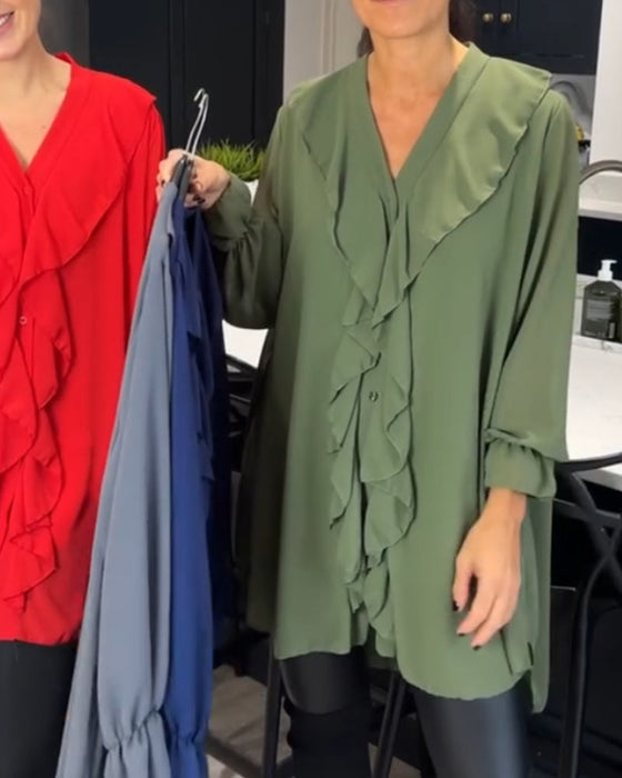 Einfarbige Bluse mit Lotusblatt-V-Ausschnitt