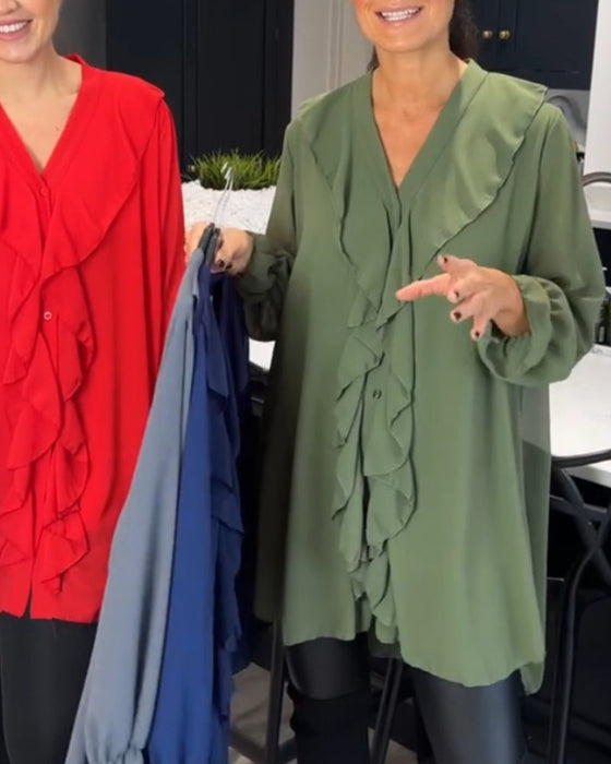 Einfarbige Bluse mit Lotusblatt-V-Ausschnitt