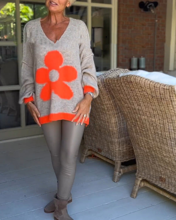 Pullover mit V-Ausschnitt und Blumenmuster