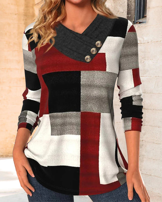 Colorblock-Top Mit V-Ausschnitt Und Langen ärmeln