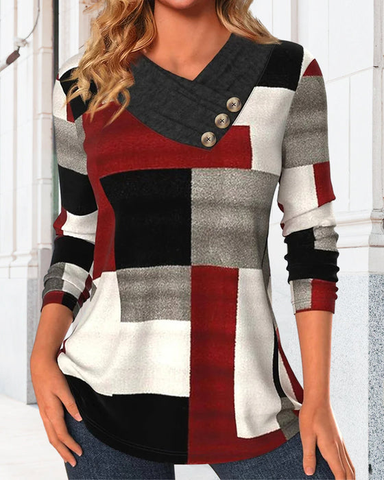 Colorblock-Top Mit V-Ausschnitt Und Langen ärmeln
