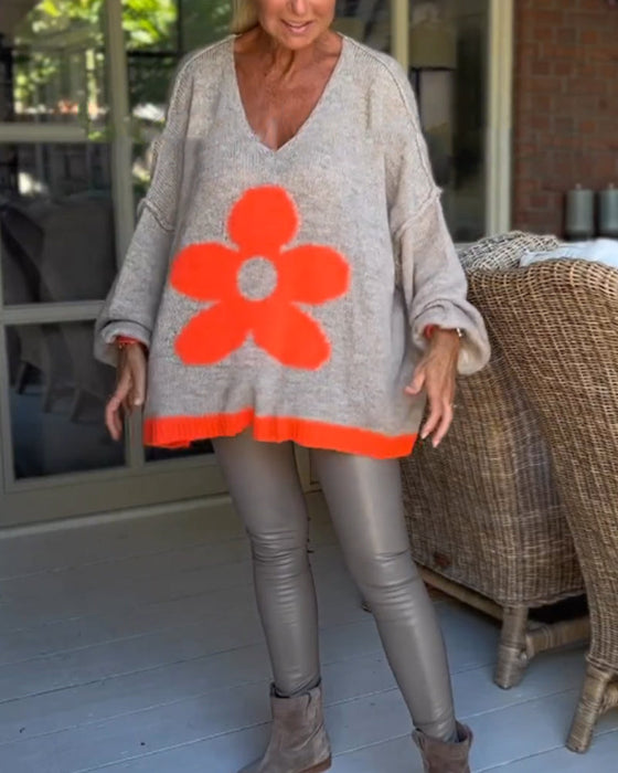 Pullover mit V-Ausschnitt und Blumenmuster