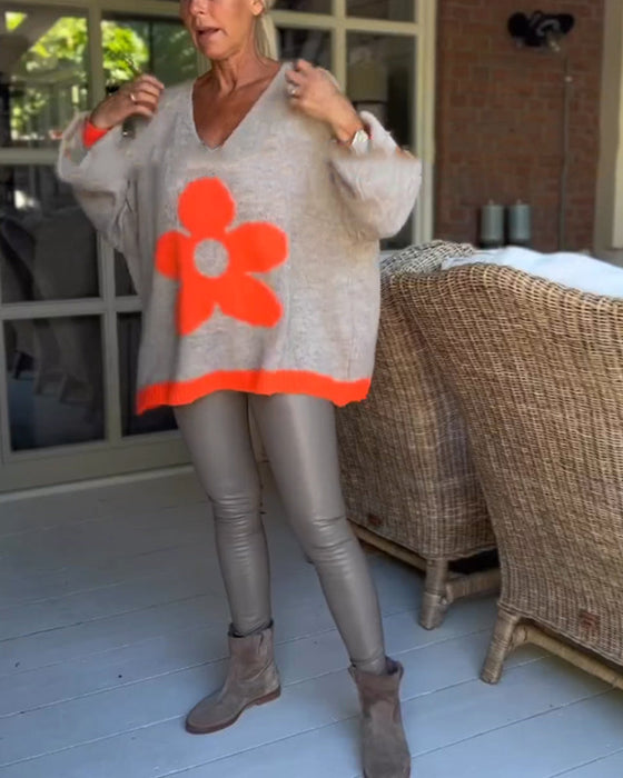 Pullover mit V-Ausschnitt und Blumenmuster