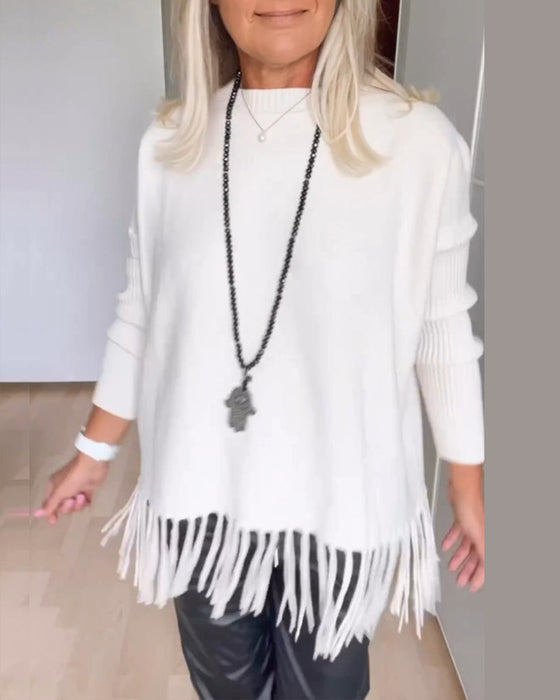 Einfarbiger Freizeitpullover mit Fransen