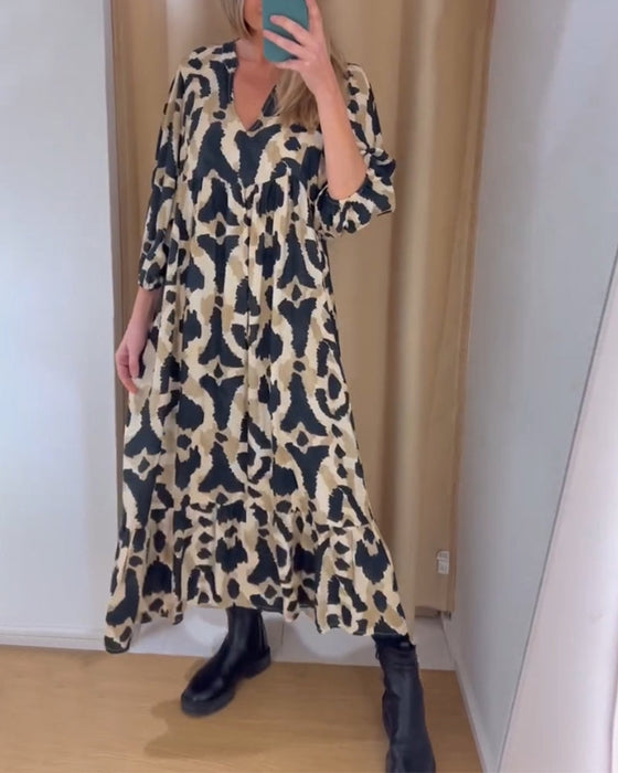 Lässiges langes Kleid mit V-Ausschnitt und Print