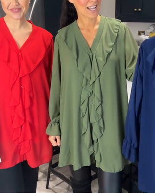 Einfarbige Bluse mit Lotusblatt-V-Ausschnitt