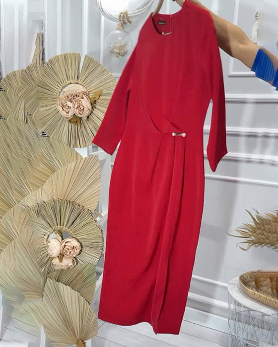 Romantisches, einfarbiges, langes Kleid mit Rundhalsausschnitt