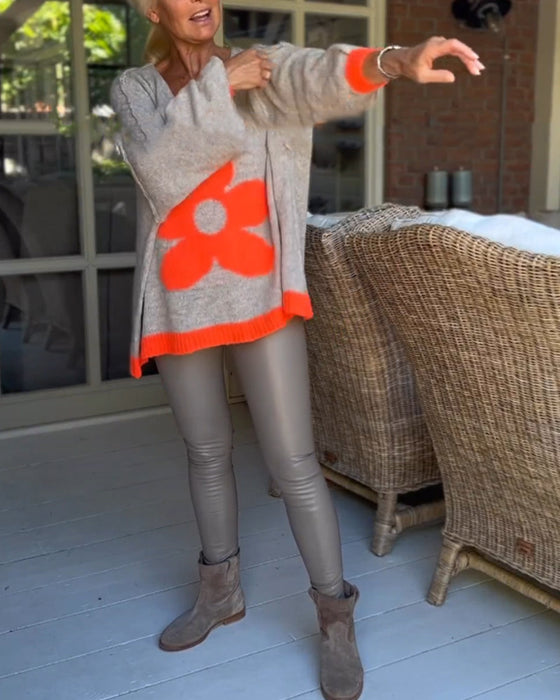 Pullover mit V-Ausschnitt und Blumenmuster