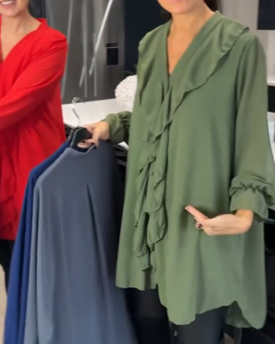 Einfarbige Bluse mit Lotusblatt-V-Ausschnitt