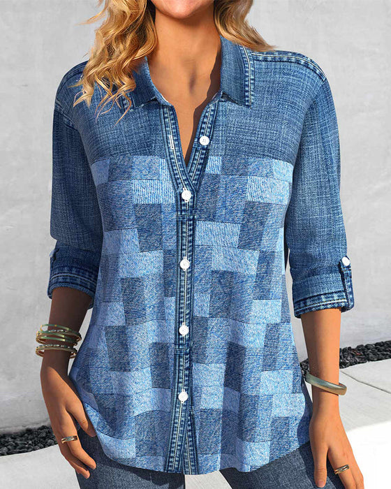 Langarmbluse mit Denim-Effekt-Print